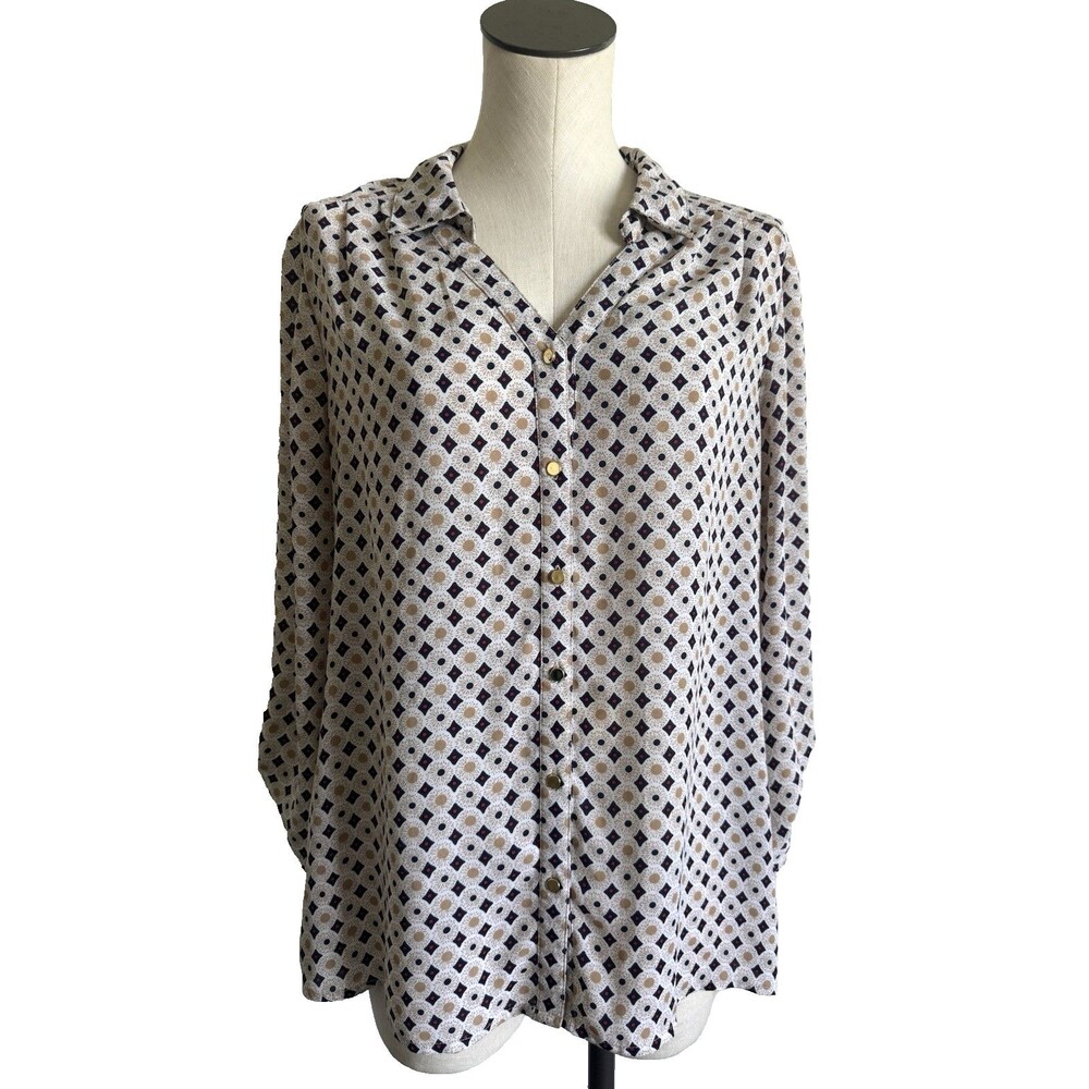 Woman’s Dress Barn Button Down Blouse XL Beige Diamond Geometric Gold Buttons